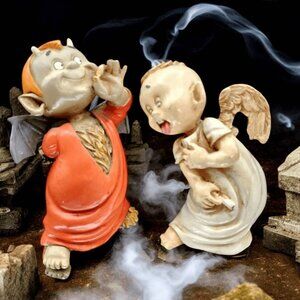 Vintage Gabriel & Lucifer Figurines Angel Devil KMH 1994 Gothic Halloween Props